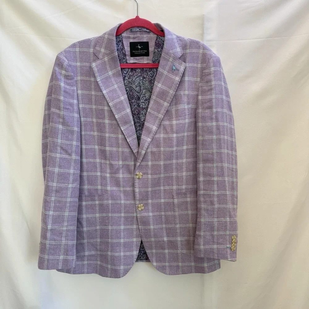 Tailorbyrd Lilac Men's Textured Linen Blend Windowpane Sport Coat Blazer, US 40R